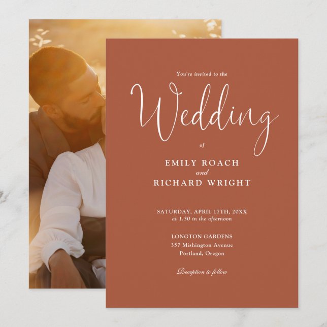 Convite Script Calliografia Foto Terracotta Wedding (Frente/Verso)