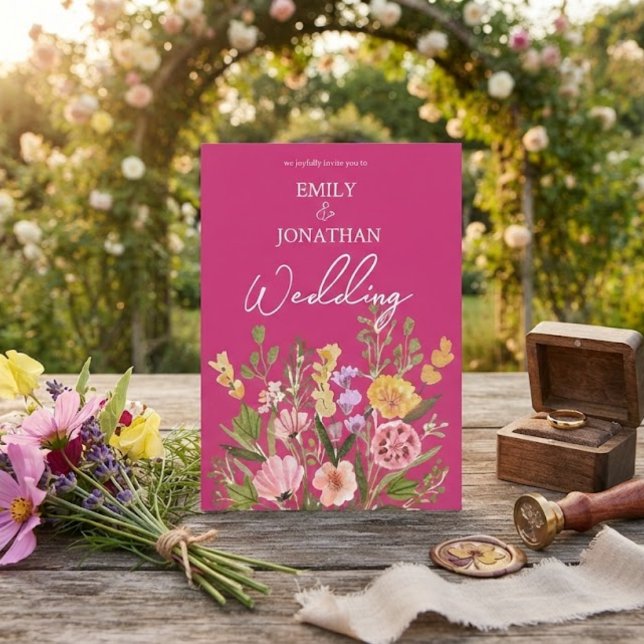 Convite script casamento flores silvestres brilhantes e ou (Criador carregado)