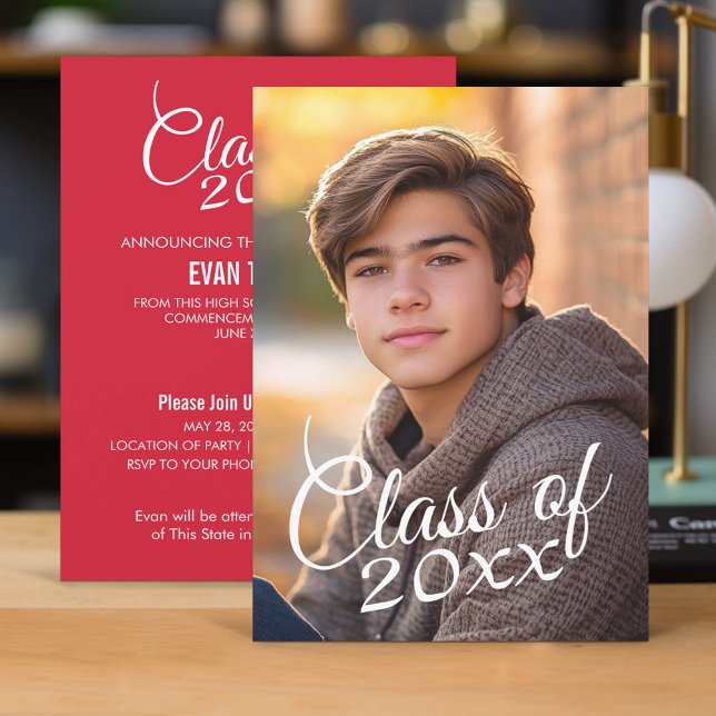 Convite Script Classe do Ano com Foto de Graduação (Classic Graduation Announcement and Party Invitation)
