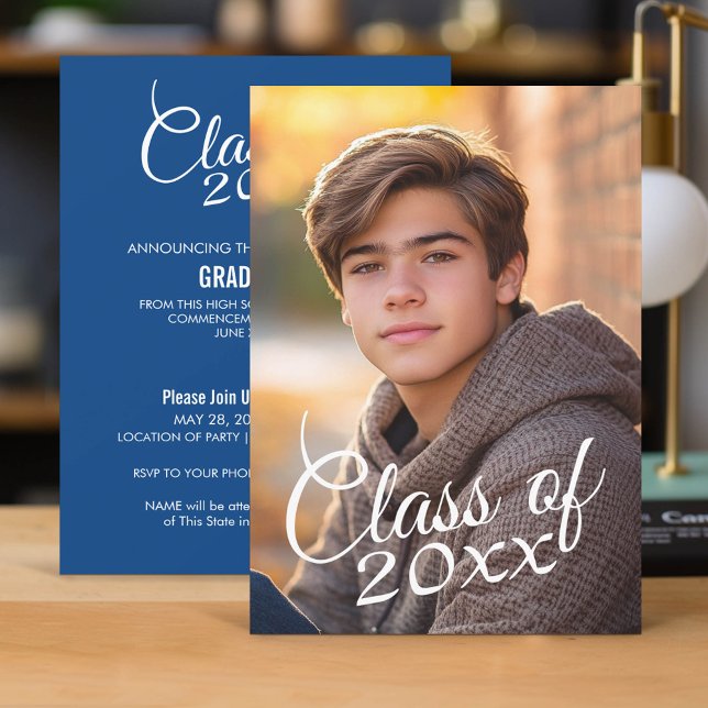 Convite Script Classe do Ano com Foto de Graduação (Classic Graduation Announcement and Party Invitation)