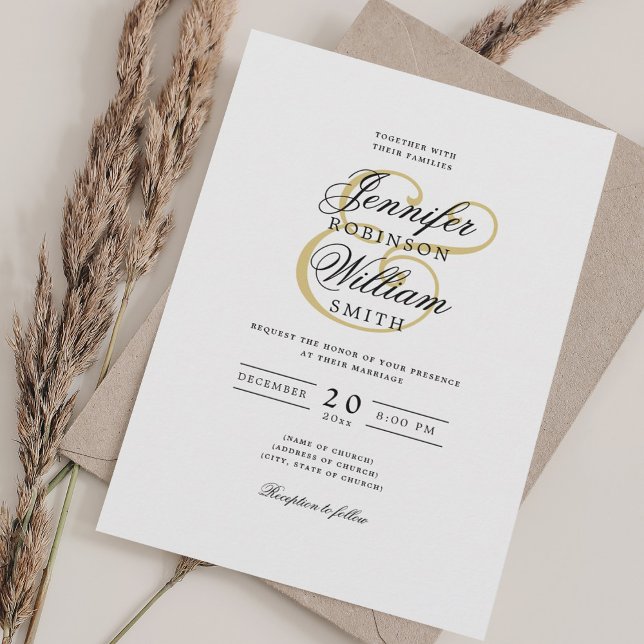 Convite Script Clássico de Casamento Romântico Elegante Do (Elegant Romanic Wedding Classic Script Gold Invitation)