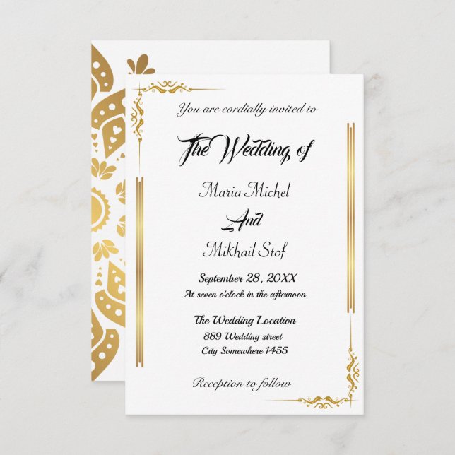 Convite Script Clássico e Motif Dourado Oriental (Frente/Verso)