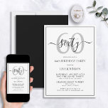 Convite Script clássico preto e branco do 60º aniversário<br><div class="desc">Celebre o grande estilo 6-0! Leve a sua celebração de aniversário para o próximo nível com este 60º Convite formal de Script Clássico Branco e Negro. Com uma caixa de texto preta clássica sobre fundo branco, detalhes personalizados podem ser incluídos em uma caligrafia moderna, escrita à mão. Adicione um pouco...</div>