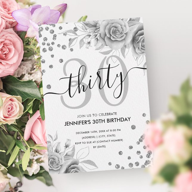Convite Script de aniversário de 30 anos da Glitter Floral (Silver Floral Glitter 30th Birthday Script Invitation)