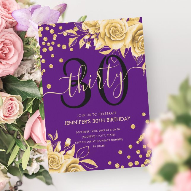 Convite Script de aniversário de 30 anos de Leitura Floral (Gold Purple Floral Glitter 30th Birthday Script Invitation)