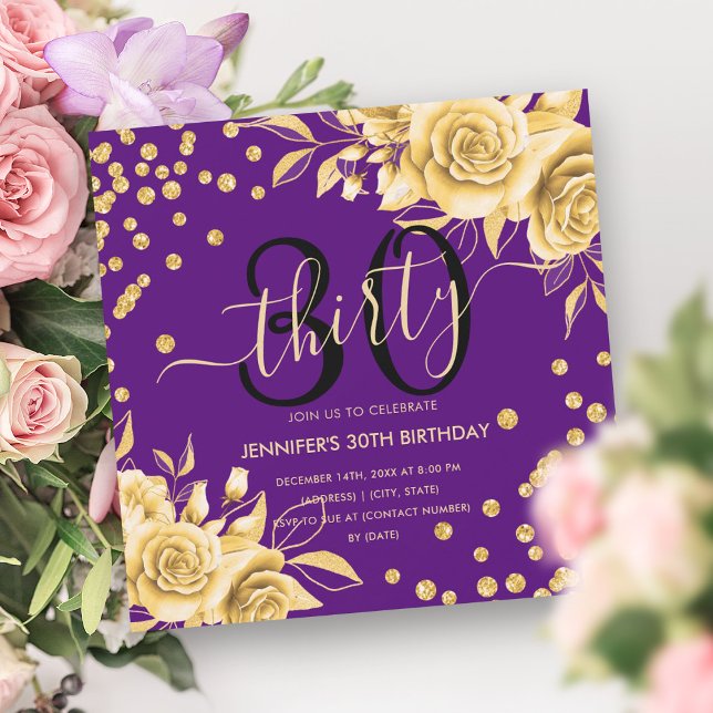 Convite Script de aniversário de 30 anos de Leitura Floral (Gold Purple Floral Glitter 30th Birthday Script Invitation)