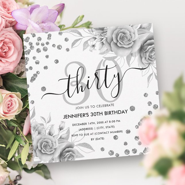 Convite Script de aniversário de 30 anos Floral com Brilho (Silver Gold Floral Glitter 30th Birthday Script Invitation)