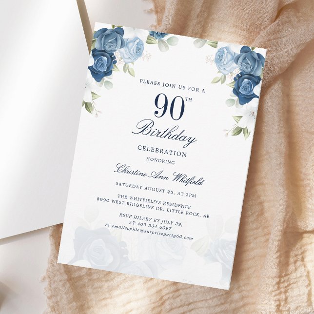 Convite Script de Aniversário de 90 Floral Elegante (Elegant Floral 90th Birthday Script Invitation)
