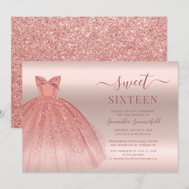 Convite Script de Aniversário do Rosa Dourado Glam Sweet 1 (Frente/Verso)