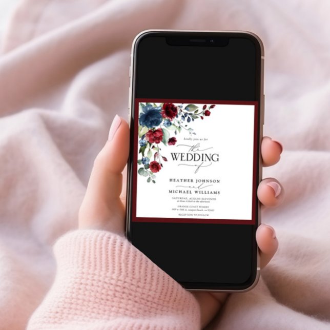 Convite Script de Aquarela Floral Azul Marinho Burgundy (Criador carregado)