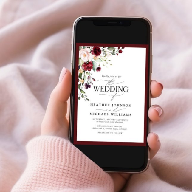 Convite Script de Aquarela Floral de Blush Burgundy Elegan (Criador carregado)