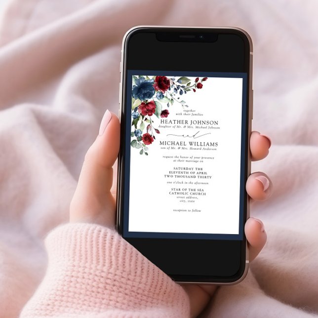 Convite Script de Aquarela Floral Floral Azul Burgundy, Ma (Criador carregado)