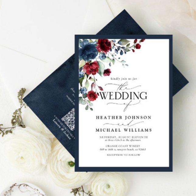 Convite Script de Aquarela Floral Floral de Borgonha Azul  (Criador carregado)