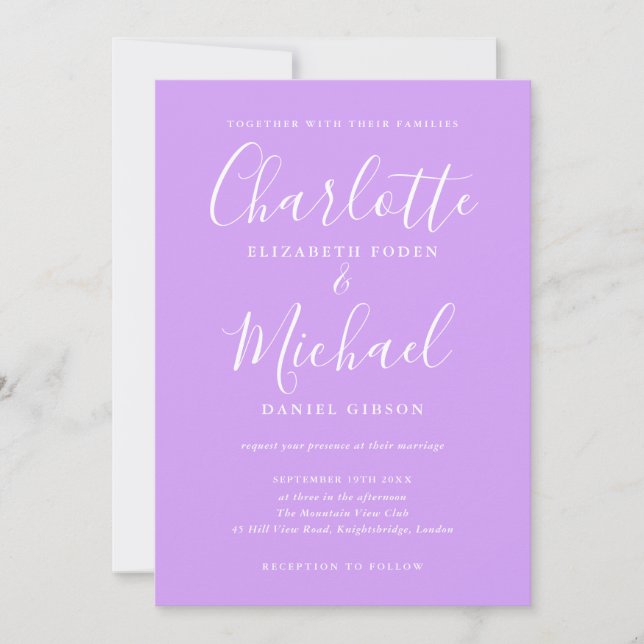 Convite Script de Assinatura Casamento Chic Lavanda Lilás (Frente)