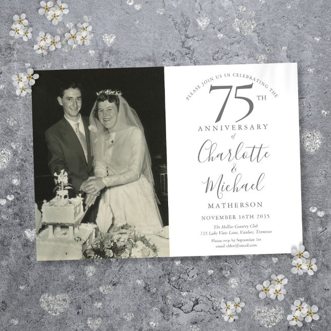 Convite Script de Assinatura Foto de Aniversário de 75 Ano (Signature Script 75th Wedding Anniversary Photo Invitation)