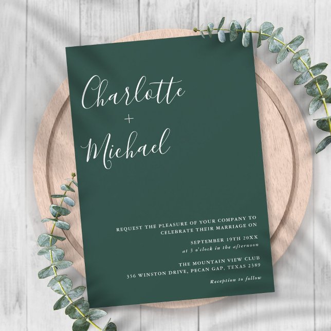Convite Script de Assinatura Minimalista Casamento Verde E (Minimalist Signature Script Emerald Green Wedding Invitation)