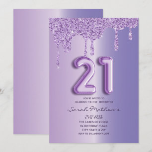 Convite Script de Balão de Drives Glitter Roxo aniversár