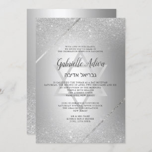 Convite Script de brilho prateado metálico Bat Mitzvah