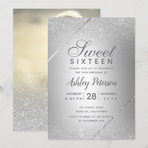 Convite Script de brilho prateado metálico Sweet 16