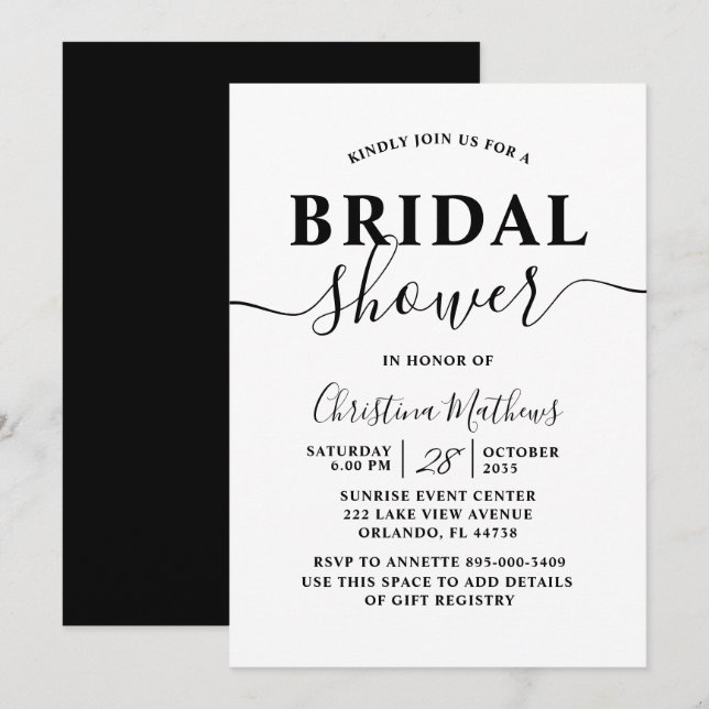 Convite Script de Caligrafia chá de panela Preto e Branco (Frente/Verso)