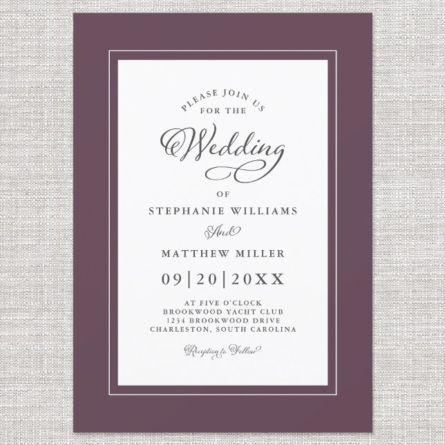 Convite Script de Caligrafia Chic de Casamento Roxo Elegan (Criador carregado)