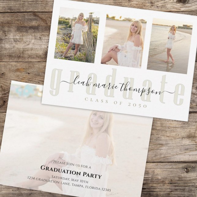 Convite Script de Caligrafia do formando - Quatro Fotograf (Graduation photo collage graduate typography invitation announcement. )