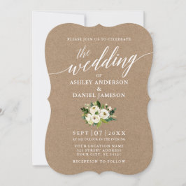 Convite Script de Caligrafia Verde Floral Casamento Kraft