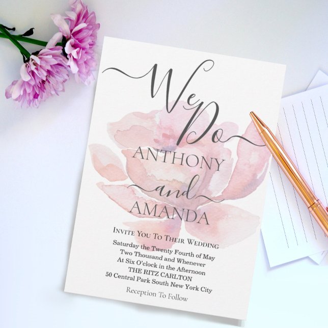 Convite Script de camada de rosa de aquarela de script de  (Elegant script watercolor wedding invitation)
