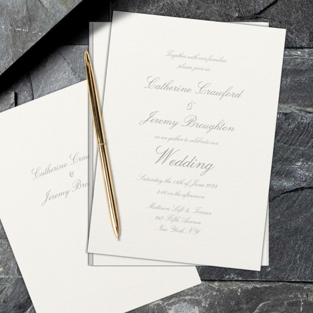 Convite Script de Casamento Clássico de Linn Branco-Branca (Classic Creamy White Linen Wedding Script Invitation. Classic elegance and timeless.)