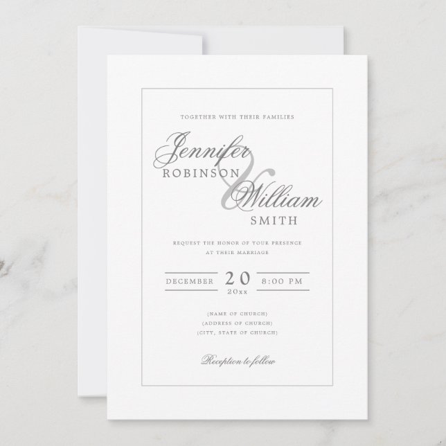 Convite Script de Cinza Silver de Casamento Elegante Simpl (Frente)