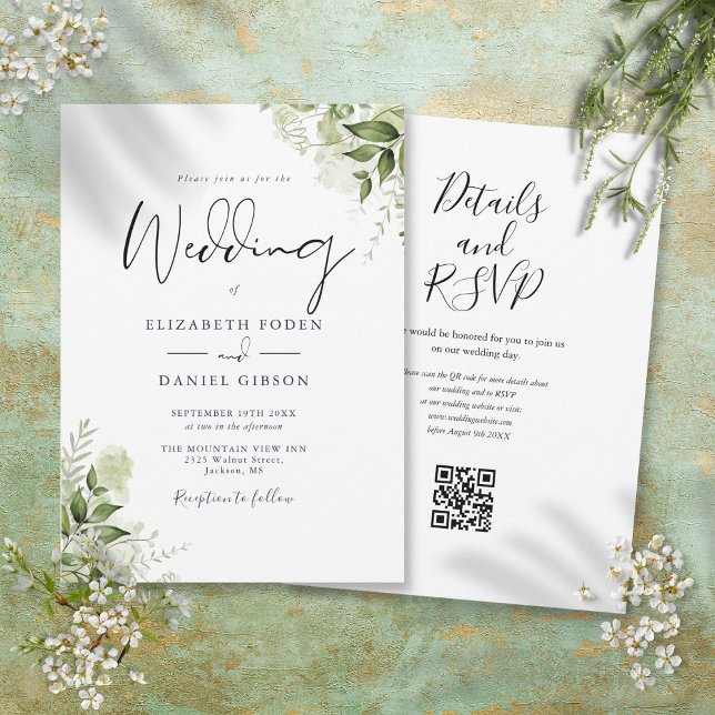 Convite Script de Código QR Floral Verde Casamento (Greenery Floral QR Code Script Wedding Invitation)
