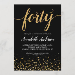 Convite Script de Confetti Dourado Preto aniversário de 40