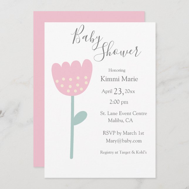 Convite Script de Cores Úmidas Minimalísticas Tulipas Rosa (Frente/Verso)