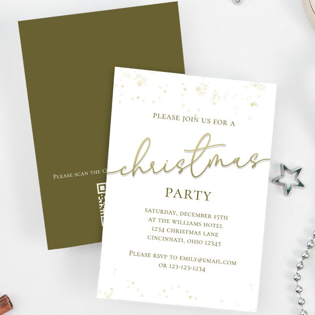 Convite Script de Festa de Natal Dourado personalizado (Holiday party gold gradient calligraphy script invitation. With a scannable QR Code.)
