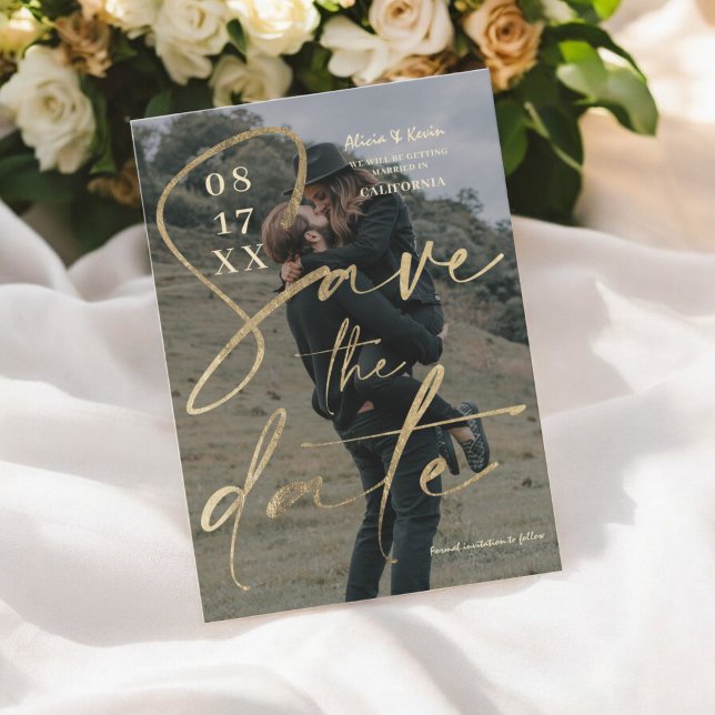 Convite Script de folha de ouro em negrito moderno para sa (Modern bold gold foil script save the date photo invitation)