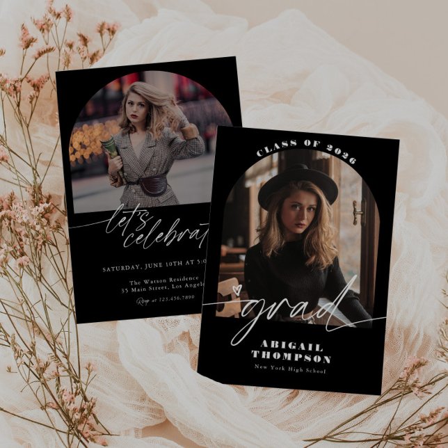 Convite Script de Foto de Arco Preto e Branco Graduação (Criador carregado)