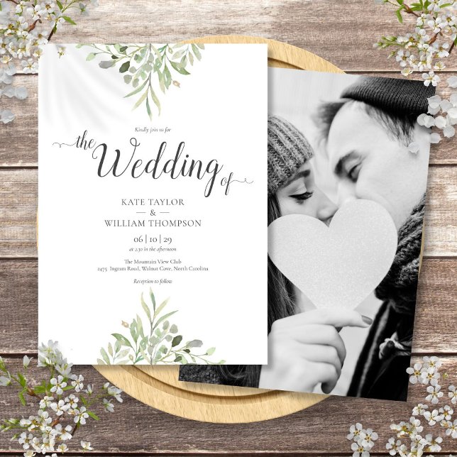 Convite Script de Foto de Casamento com Verdura Botânica (Botanical Greenery Wedding Photo Script Invitation)
