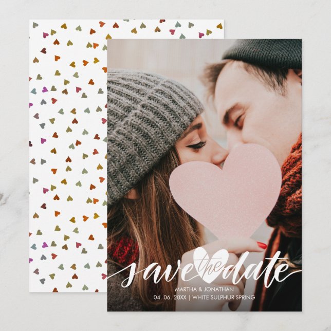 Convite Script de Foto de Salvar Data Moderno Corações Con (Frente/Verso)