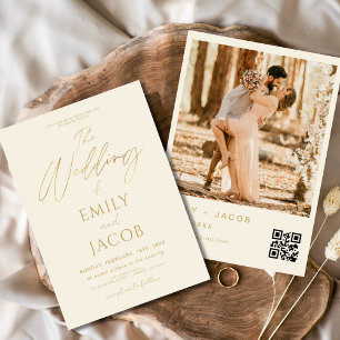 Convite Script de Foto do Código QR de Casamento Dourado C