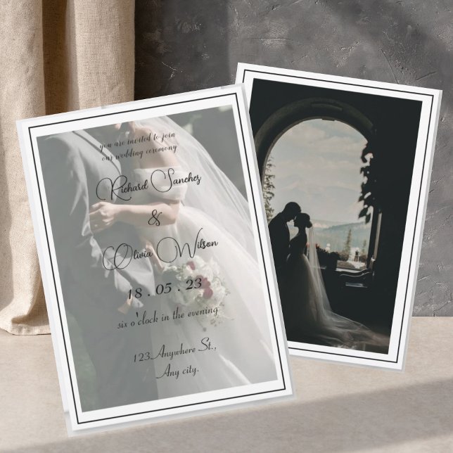 Convite Script de Foto Preto e Branco Moderno (classy simple photo black and white invitation)