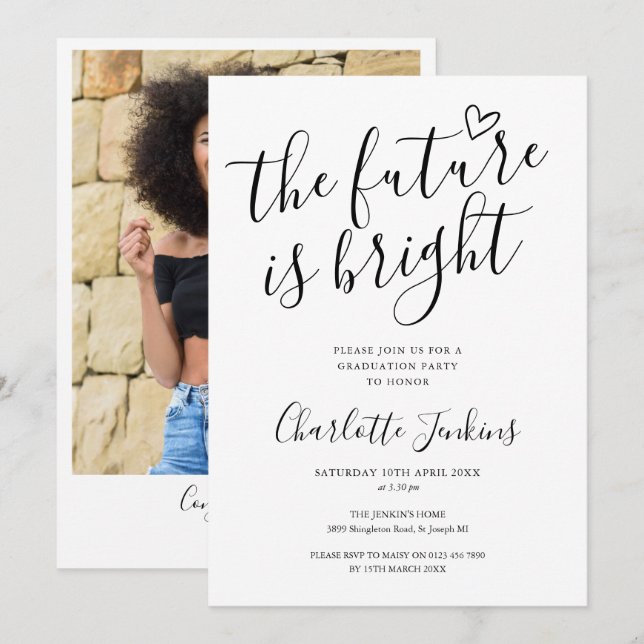 Convite Script de Futuro Brilhante Foto Coração Festa de G (Frente/Verso)