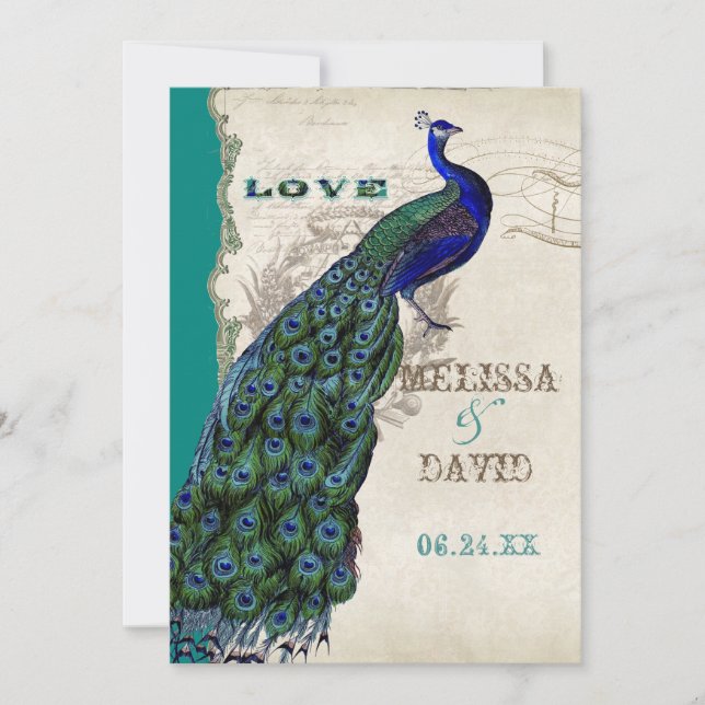 Convite Script de Penas da Cauda do Peacock Elegante Vinta (Frente)