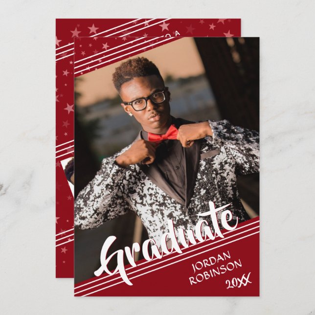 Convite Script de pincel vermelho de 4 fotos do Formando m (Frente/Verso)