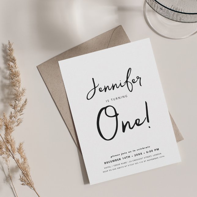 Convite Script de primeiro aniversario mínimo moderno pret (Modern Minimal 1st Birthday Script Black & White Invitation)