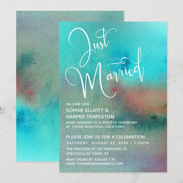 Convite Script de Recém-Casados em Aquarela Abstrata Color (Frente/Verso)