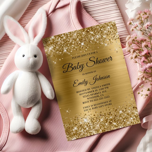 Convite Script de Rico de folha de chá de fraldas Dourada  (Baby Shower Gold Glittery Foil Fancy Script Invitation)
