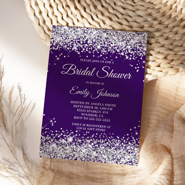 Convite Script de Rico Glitter Chá de panela Puro Prata (Modern purple and faux silver glitter bridal shower invite.)