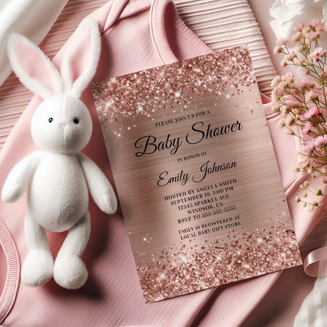 Convite Script do Rico do chá de fraldas do Rosa Dourado G (Baby Shower Rose Gold Glittery Foil Fancy Script Invitation)