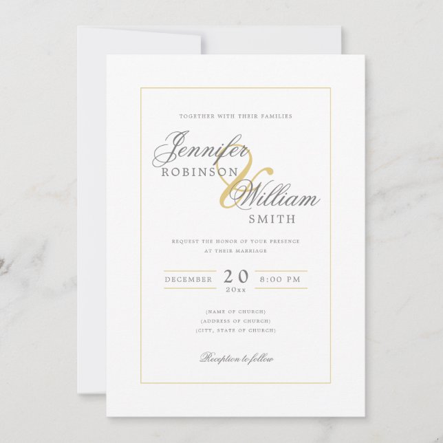 Convite Script Dourado de Casamento Elegante Simples (Frente)