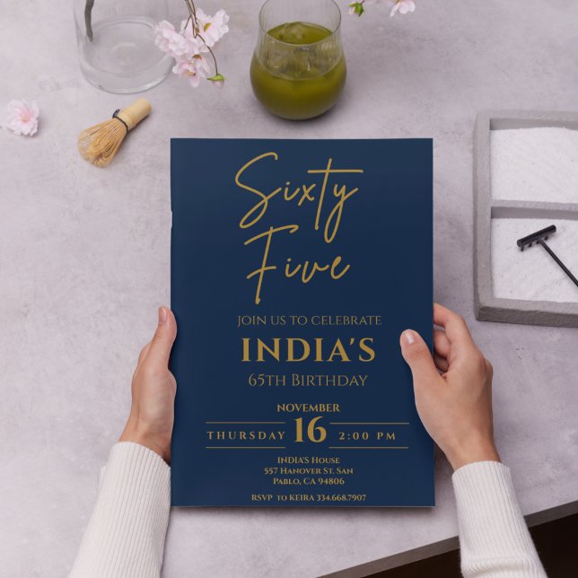 Convite Script Dourado e Festa de aniversário 65º azul (Criador carregado)